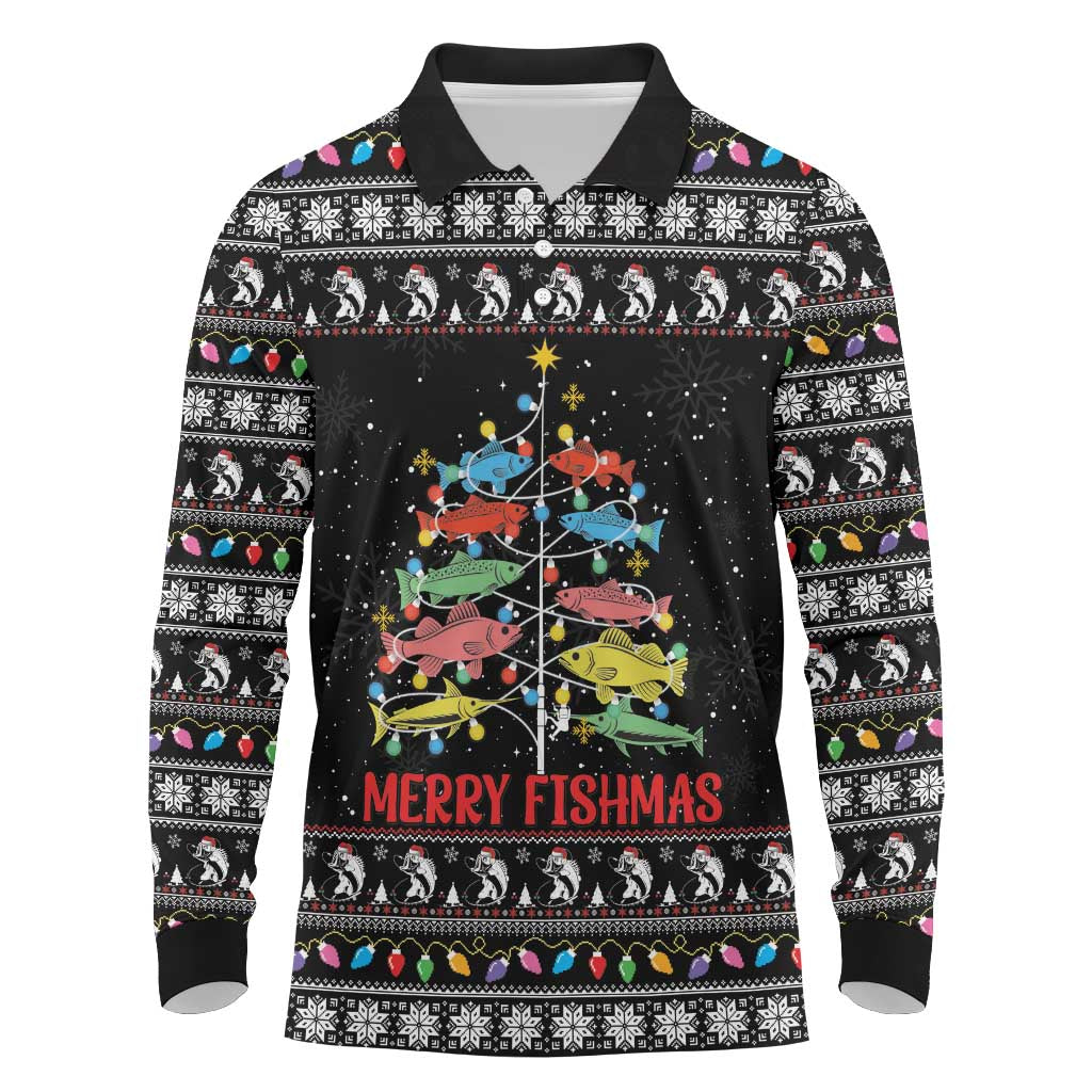 Merry Fishmas Long Sleeve Polo Shirt Fishing Christmas Tree Lights - Wonder Print Shop