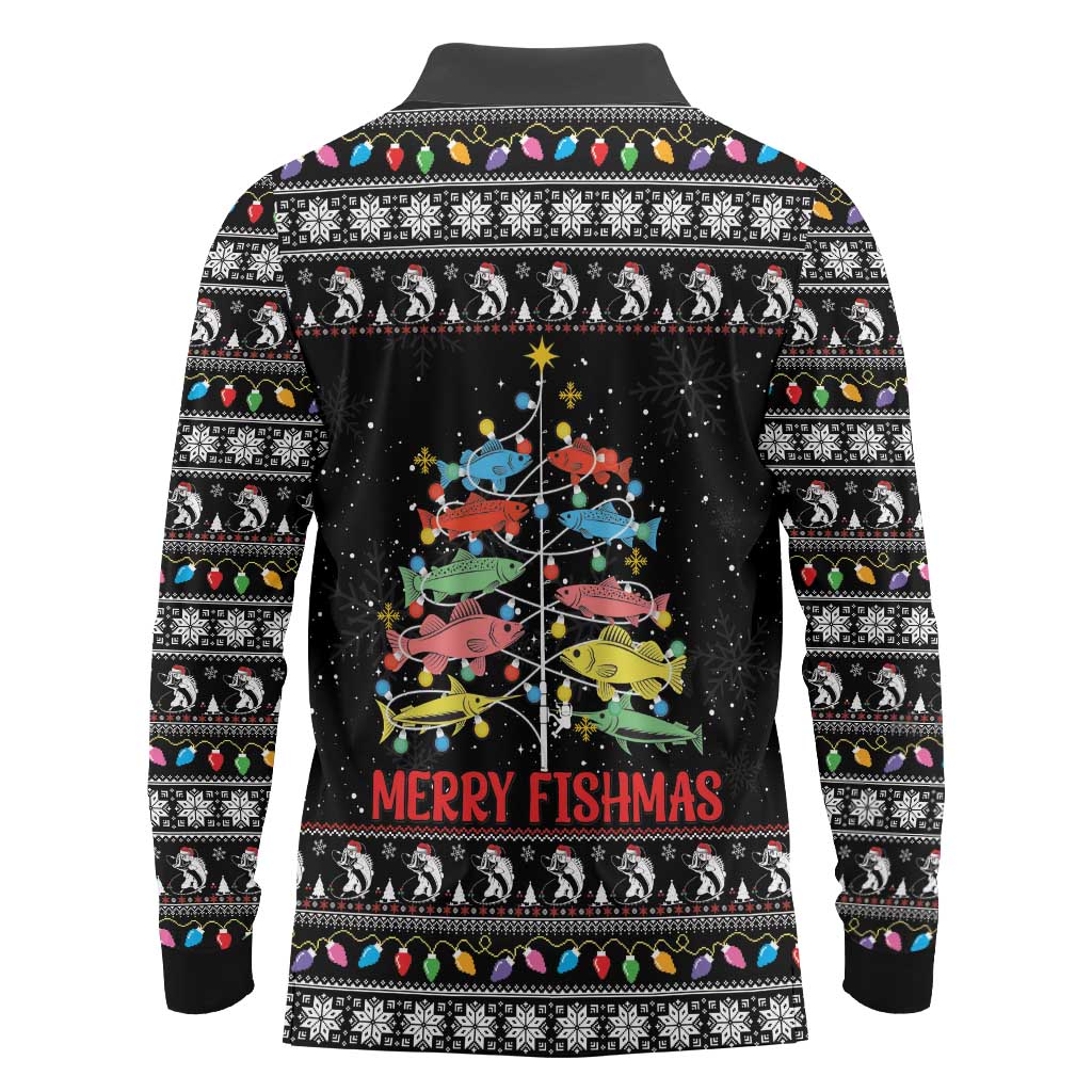 Merry Fishmas Long Sleeve Polo Shirt Fishing Christmas Tree Lights - Wonder Print Shop
