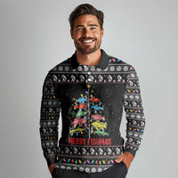 Merry Fishmas Long Sleeve Polo Shirt Fishing Christmas Tree Lights - Wonder Print Shop