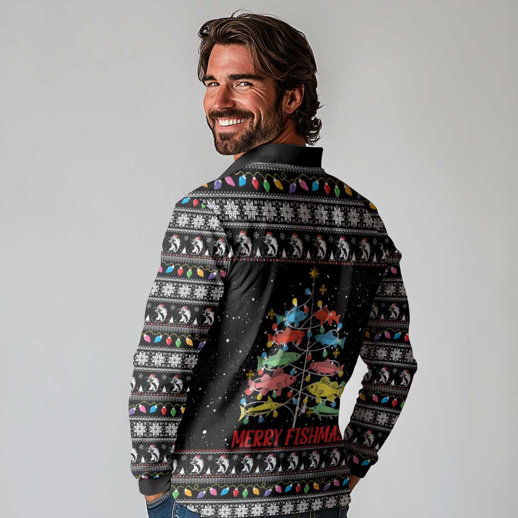 Merry Fishmas Long Sleeve Polo Shirt Fishing Christmas Tree Lights - Wonder Print Shop