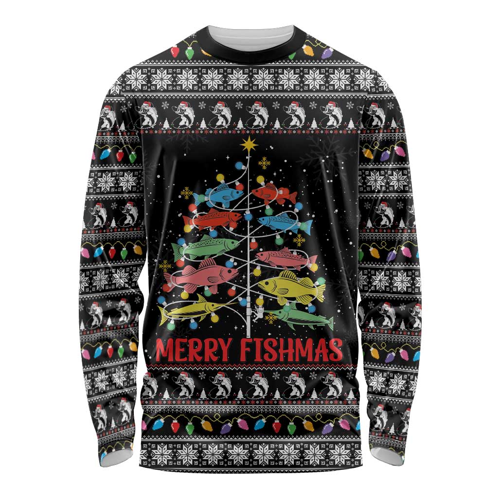 Merry Fishmas Long Sleeve Shirt Fishing Christmas Tree Lights - Wonder Print Shop