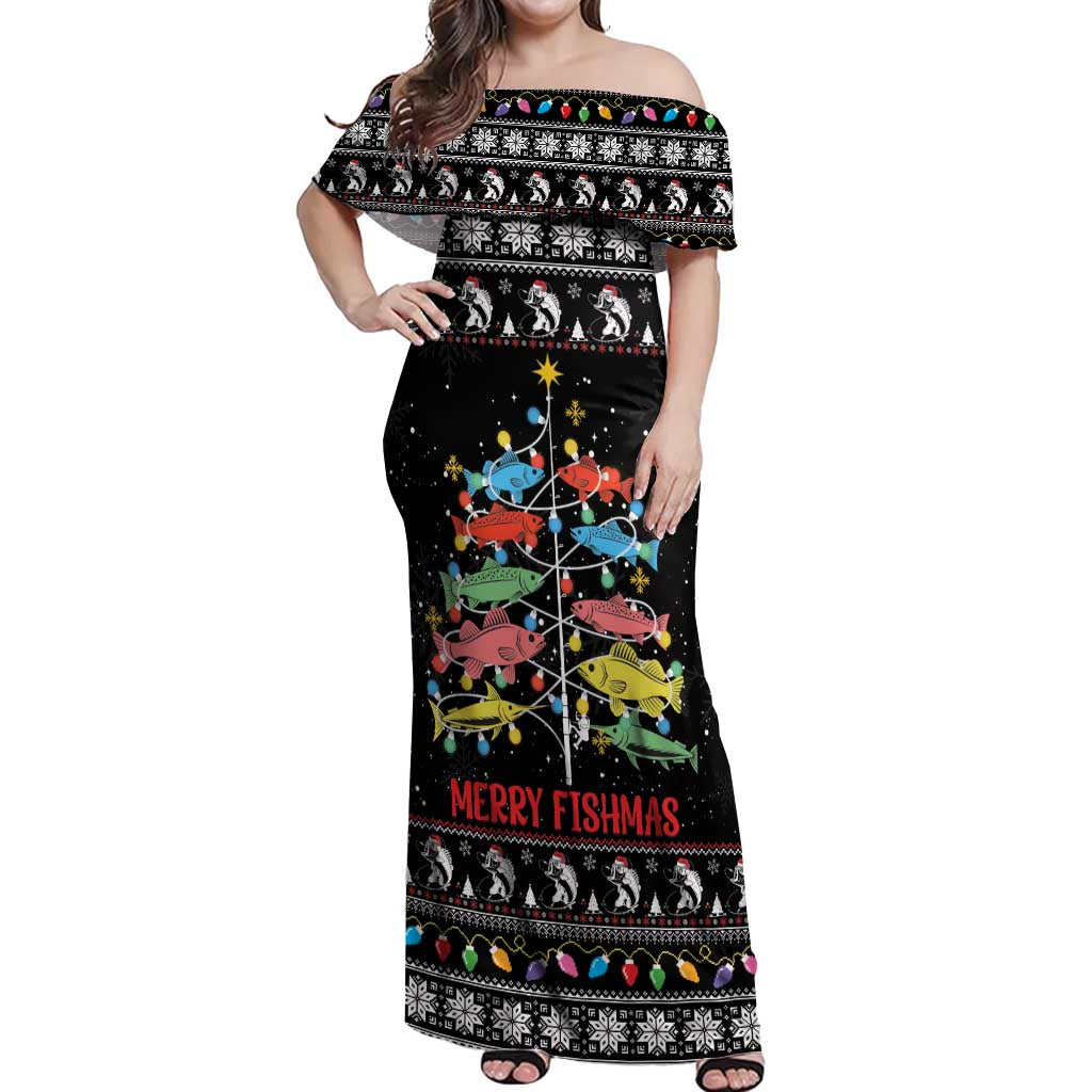 Merry Fishmas Off Shoulder Maxi Dress Fishing Christmas Tree Lights - Wonder Print Shop