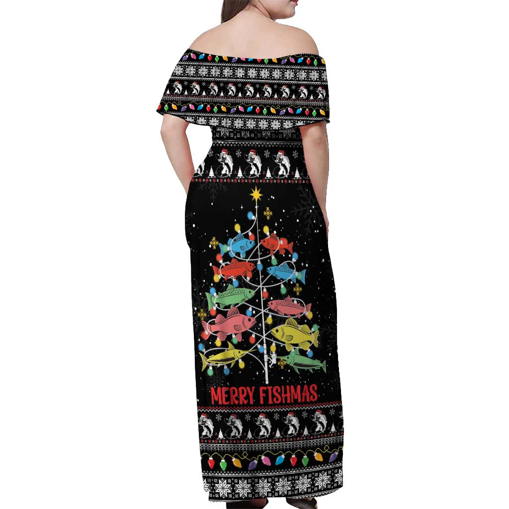 Merry Fishmas Off Shoulder Maxi Dress Fishing Christmas Tree Lights - Wonder Print Shop