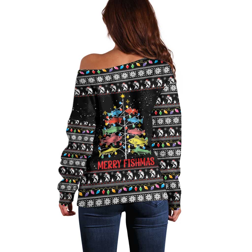 Merry Fishmas Off Shoulder Sweater Fishing Christmas Tree Lights - Wonder Print Shop