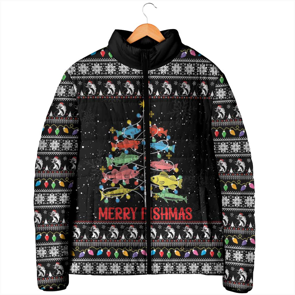 Merry Fishmas Padded Jacket Fishing Christmas Tree Lights - Wonder Print Shop