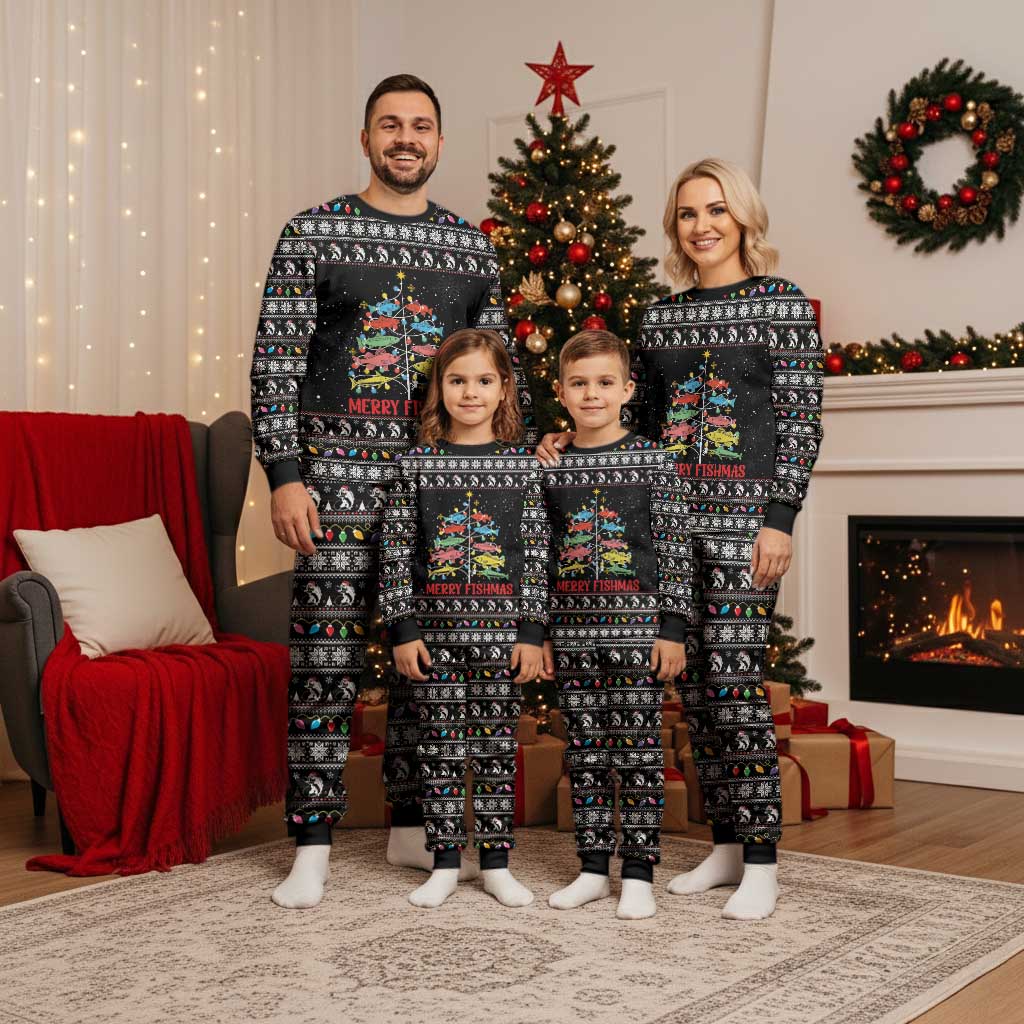 Merry Fishmas Christmas Pajama Set Fishing Christmas Tree Lights - Wonder Print Shop