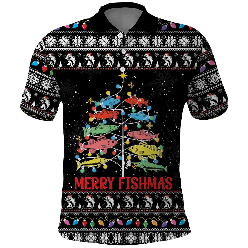 Merry Fishmas Polo Shirt Fishing Christmas Tree Lights - Wonder Print Shop