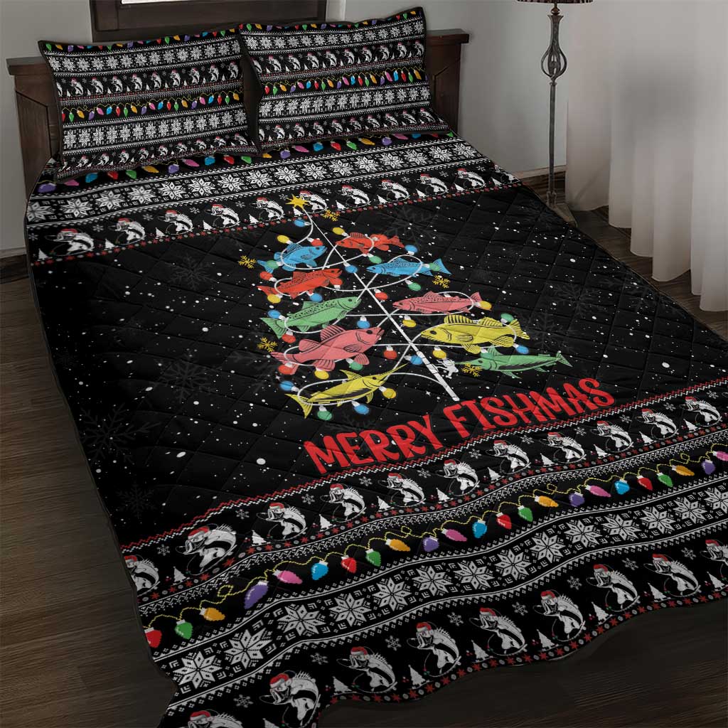 Merry Fishmas Quilt Bed Set Fishing Christmas Tree Lights - Wonder Print Shop