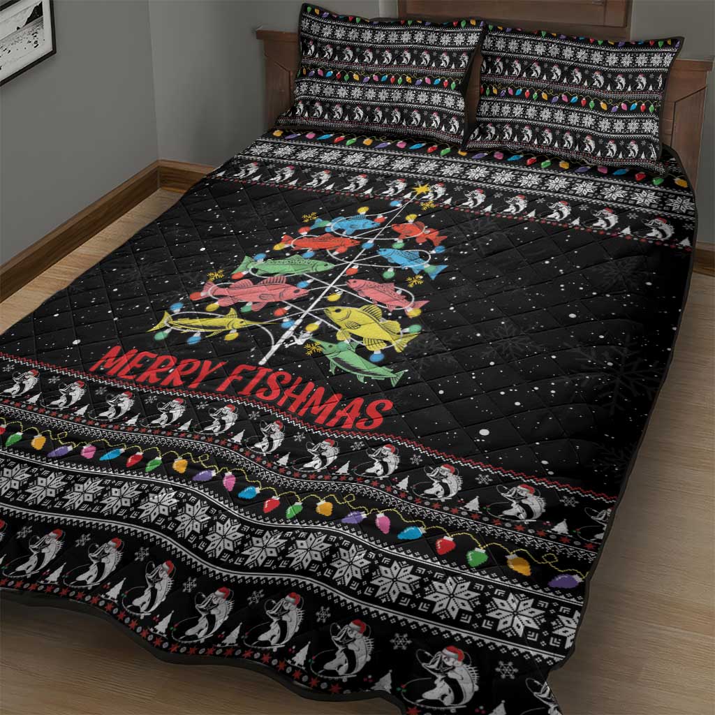Merry Fishmas Quilt Bed Set Fishing Christmas Tree Lights - Wonder Print Shop