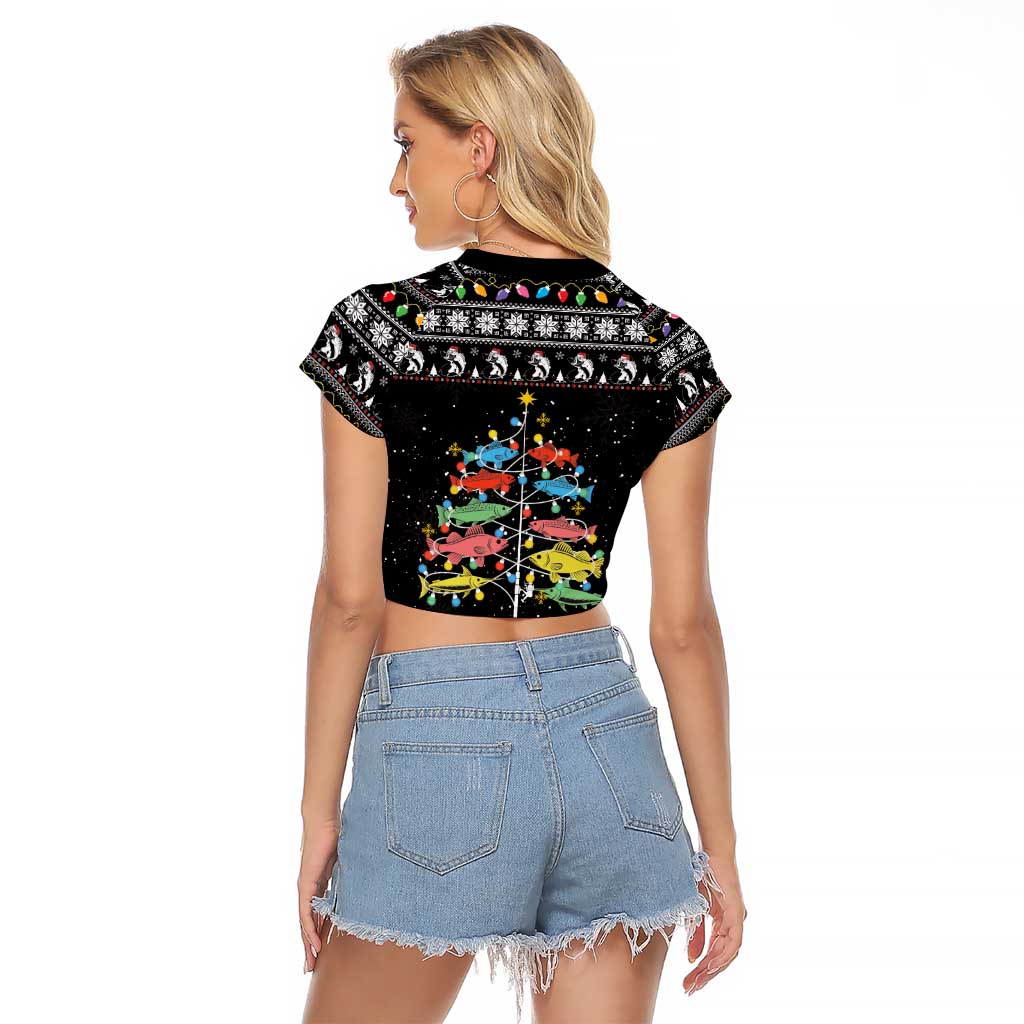 Merry Fishmas Raglan Cropped T Shirt Fishing Christmas Tree Lights - Wonder Print Shop
