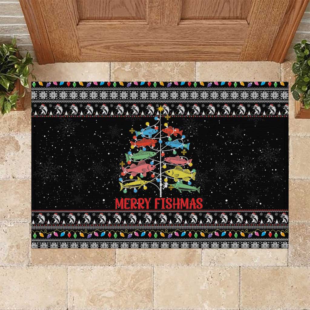 Merry Fishmas Rubber Doormat Fishing Christmas Tree Lights - Wonder Print Shop