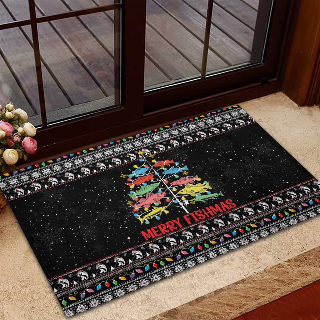 Merry Fishmas Rubber Doormat Fishing Christmas Tree Lights - Wonder Print Shop