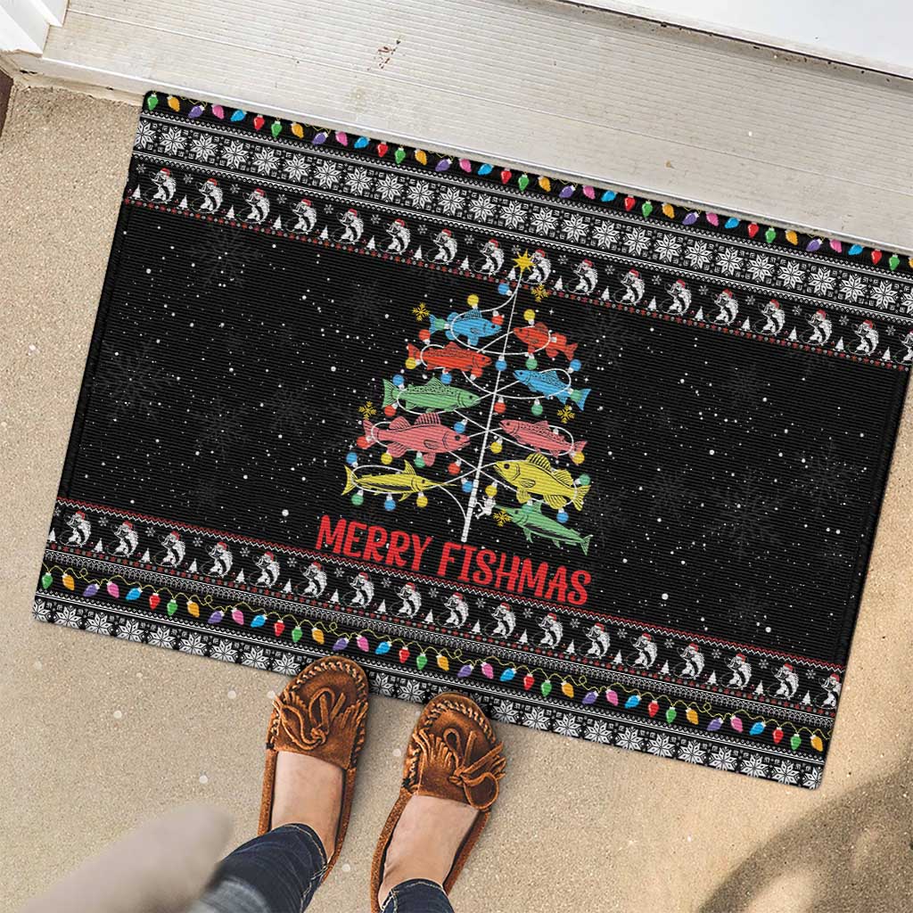 Merry Fishmas Rubber Doormat Fishing Christmas Tree Lights - Wonder Print Shop