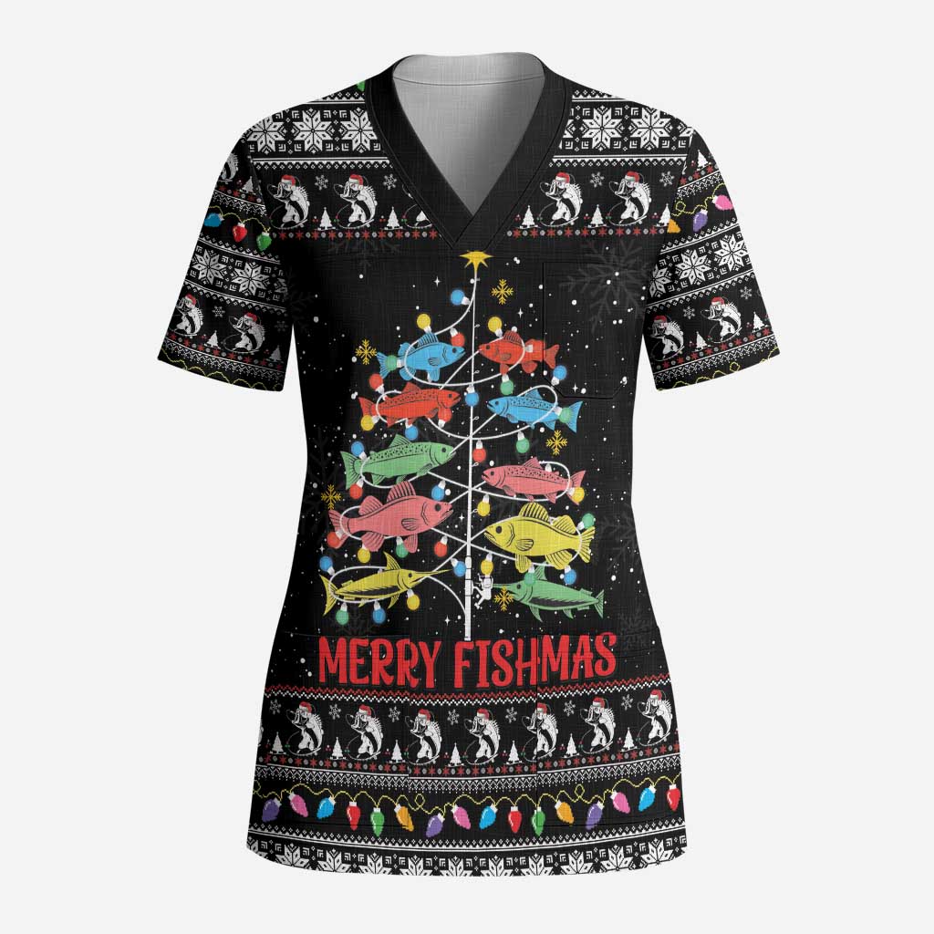 Merry Fishmas Scrub Top Fishing Christmas Tree Lights - Wonder Print Shop