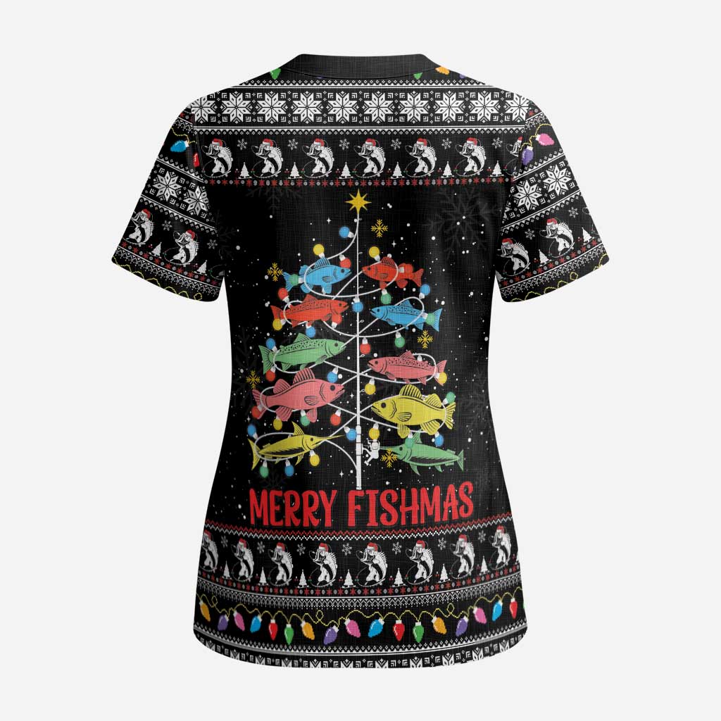 Merry Fishmas Scrub Top Fishing Christmas Tree Lights - Wonder Print Shop