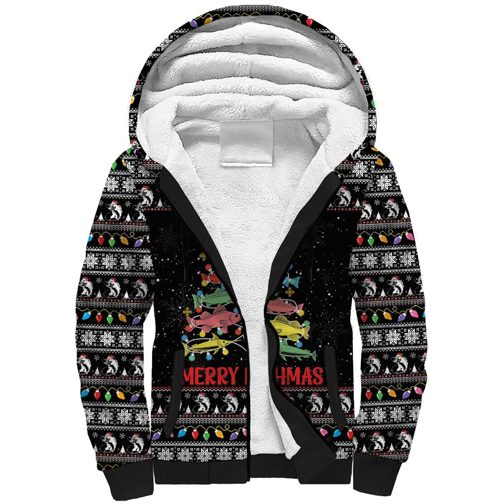 Merry Fishmas Sherpa Hoodie Fishing Christmas Tree Lights - Wonder Print Shop