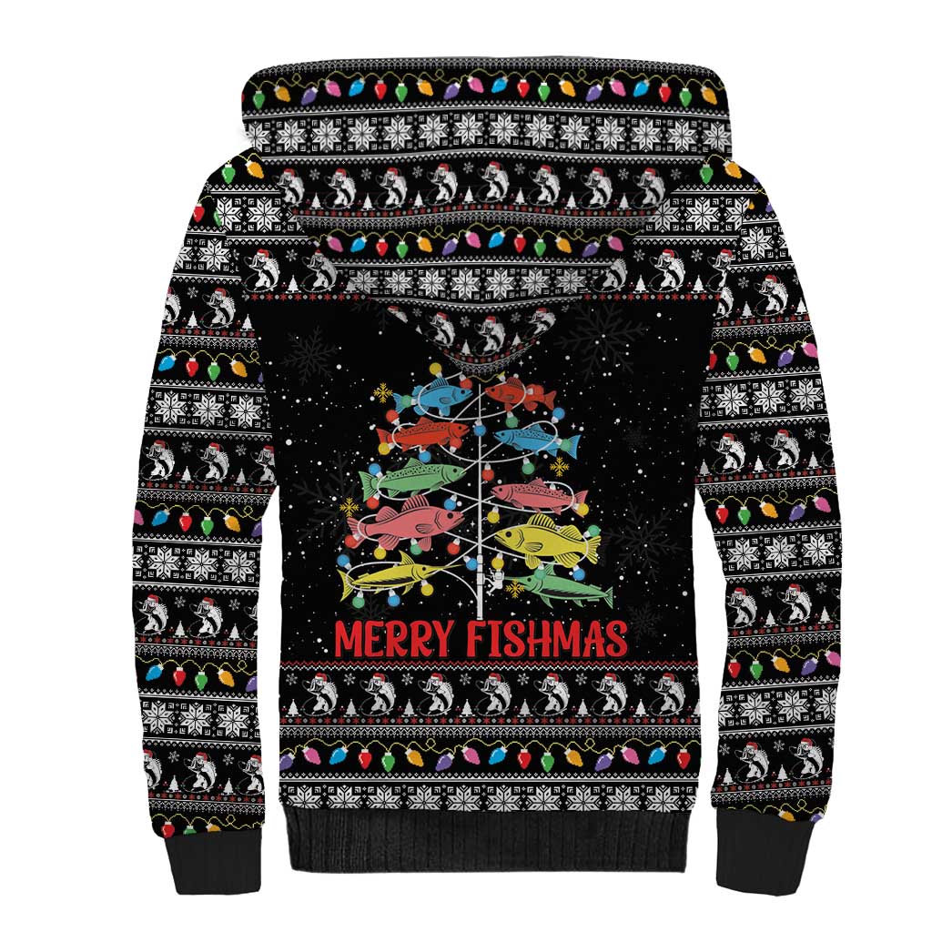 Merry Fishmas Sherpa Hoodie Fishing Christmas Tree Lights - Wonder Print Shop