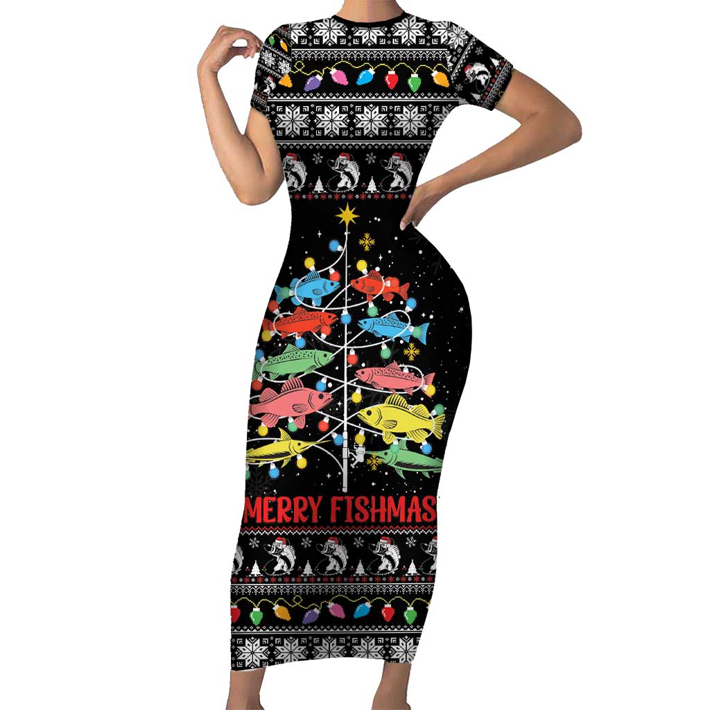 Merry Fishmas Short Sleeve Bodycon Dress Fishing Christmas Tree Lights - Wonder Print Shop