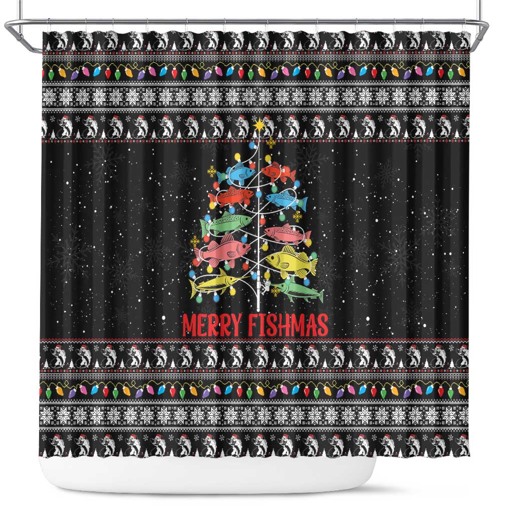 Merry Fishmas Shower Curtain Fishing Christmas Tree Lights - Wonder Print Shop