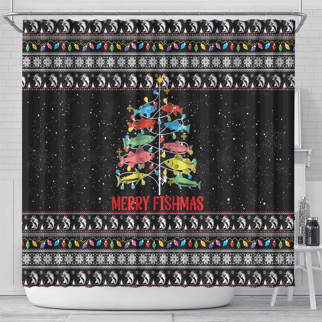 Merry Fishmas Shower Curtain Fishing Christmas Tree Lights - Wonder Print Shop