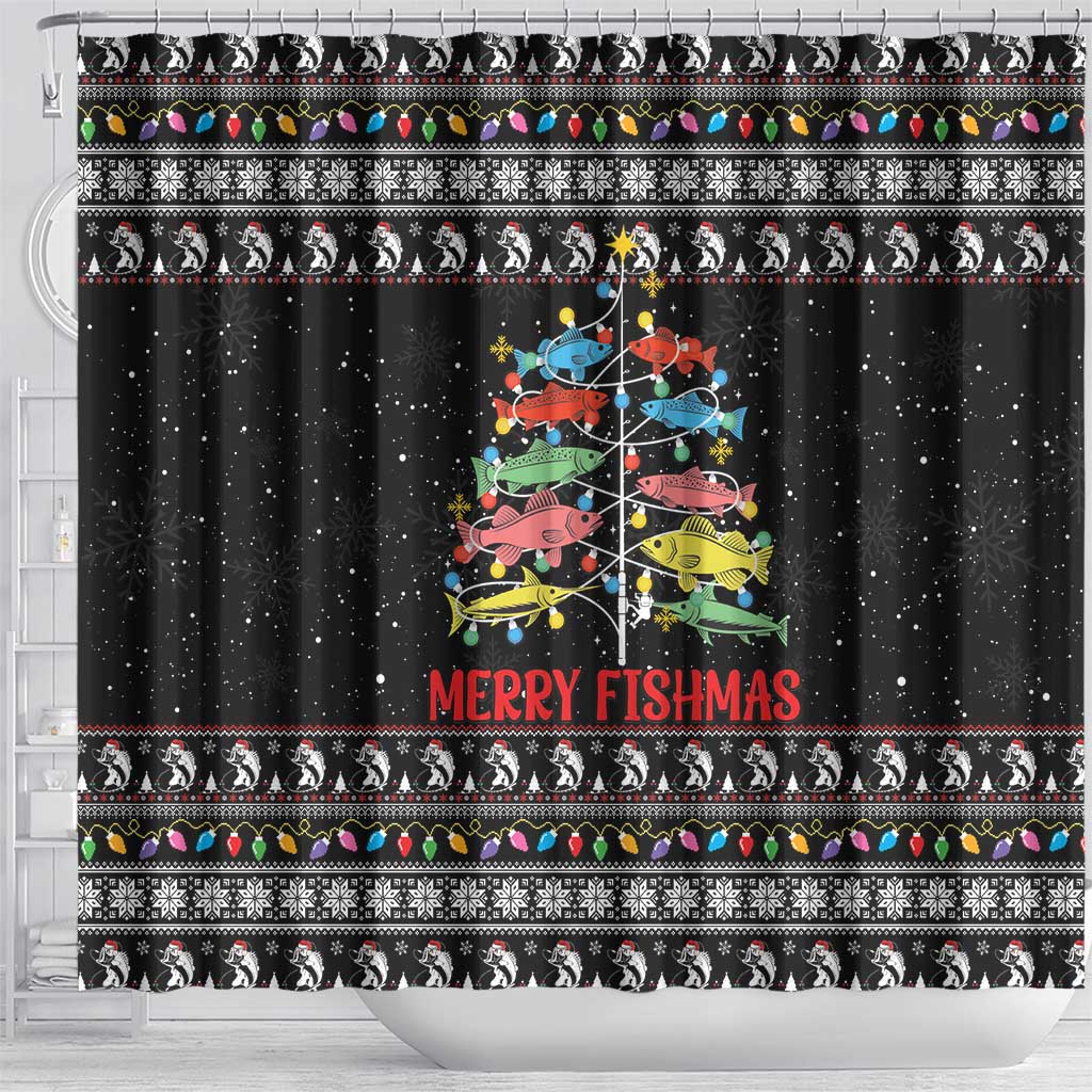 Merry Fishmas Shower Curtain Fishing Christmas Tree Lights - Wonder Print Shop