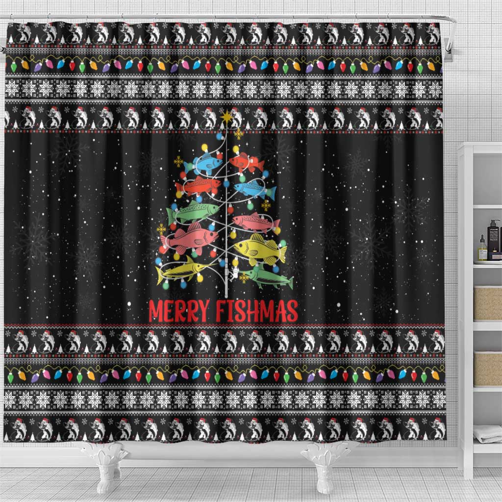 Merry Fishmas Shower Curtain Fishing Christmas Tree Lights - Wonder Print Shop