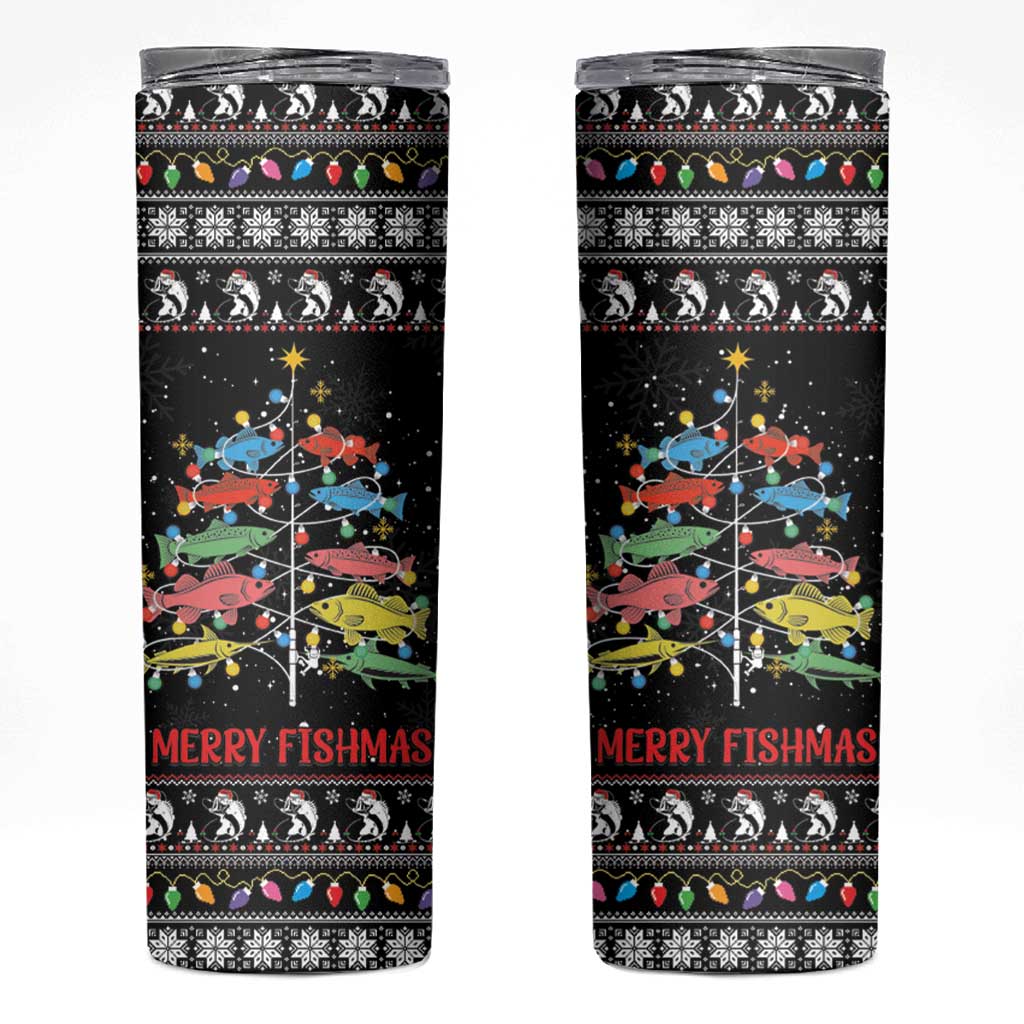 Merry Fishmas Skinny Tumbler Fishing Christmas Tree Lights - Wonder Print Shop