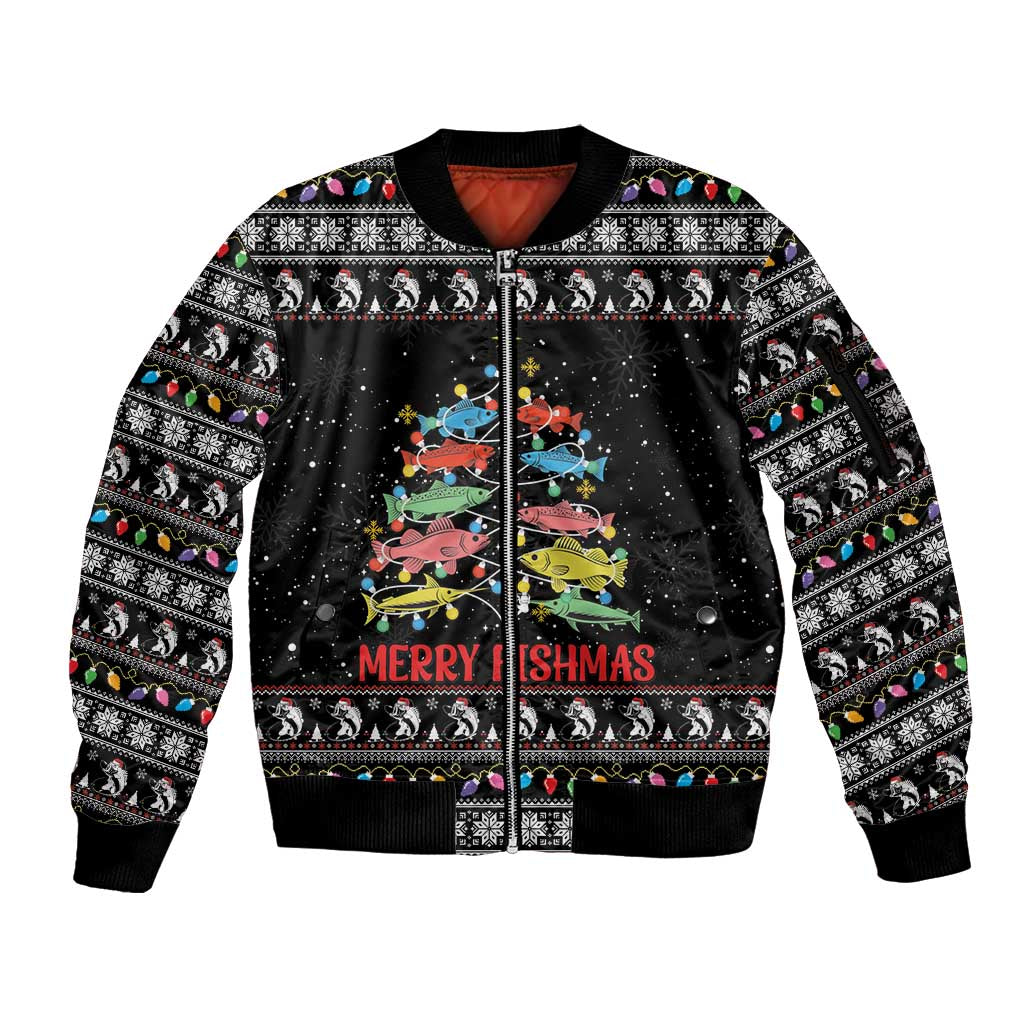 Merry Fishmas Sleeve Zip Bomber Jacket Fishing Christmas Tree Lights - Wonder Print Shop