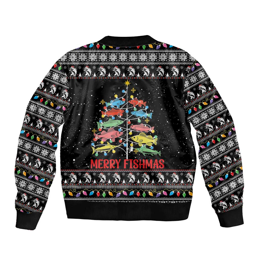 Merry Fishmas Sleeve Zip Bomber Jacket Fishing Christmas Tree Lights - Wonder Print Shop