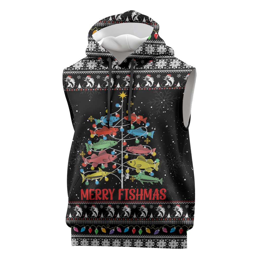Merry Fishmas Sleeveless Hoodie Fishing Christmas Tree Lights - Wonder Print Shop
