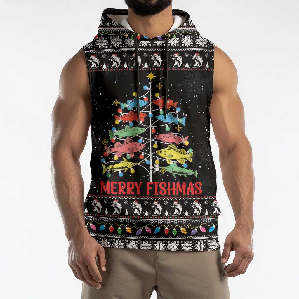 Merry Fishmas Sleeveless Hoodie Fishing Christmas Tree Lights - Wonder Print Shop