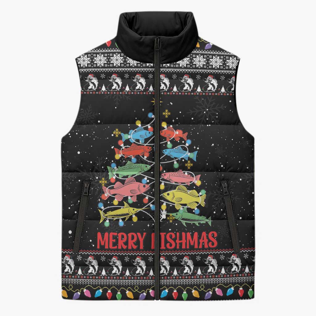 Merry Fishmas Sleeveless Puffer Jacket Fishing Christmas Tree Lights - Wonder Print Shop