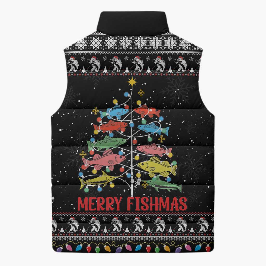 Merry Fishmas Sleeveless Puffer Jacket Fishing Christmas Tree Lights - Wonder Print Shop