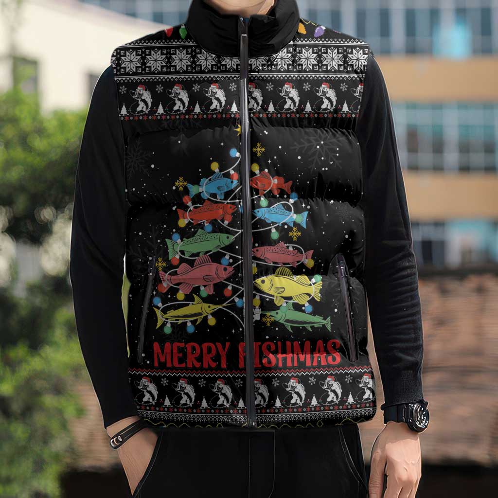 Merry Fishmas Sleeveless Puffer Jacket Fishing Christmas Tree Lights - Wonder Print Shop