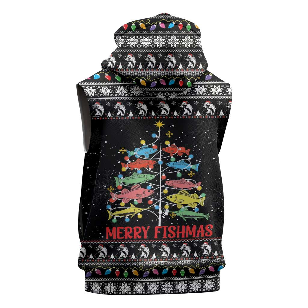 Merry Fishmas Sleeveless Zip Hoodie Fishing Christmas Tree Lights - Wonder Print Shop