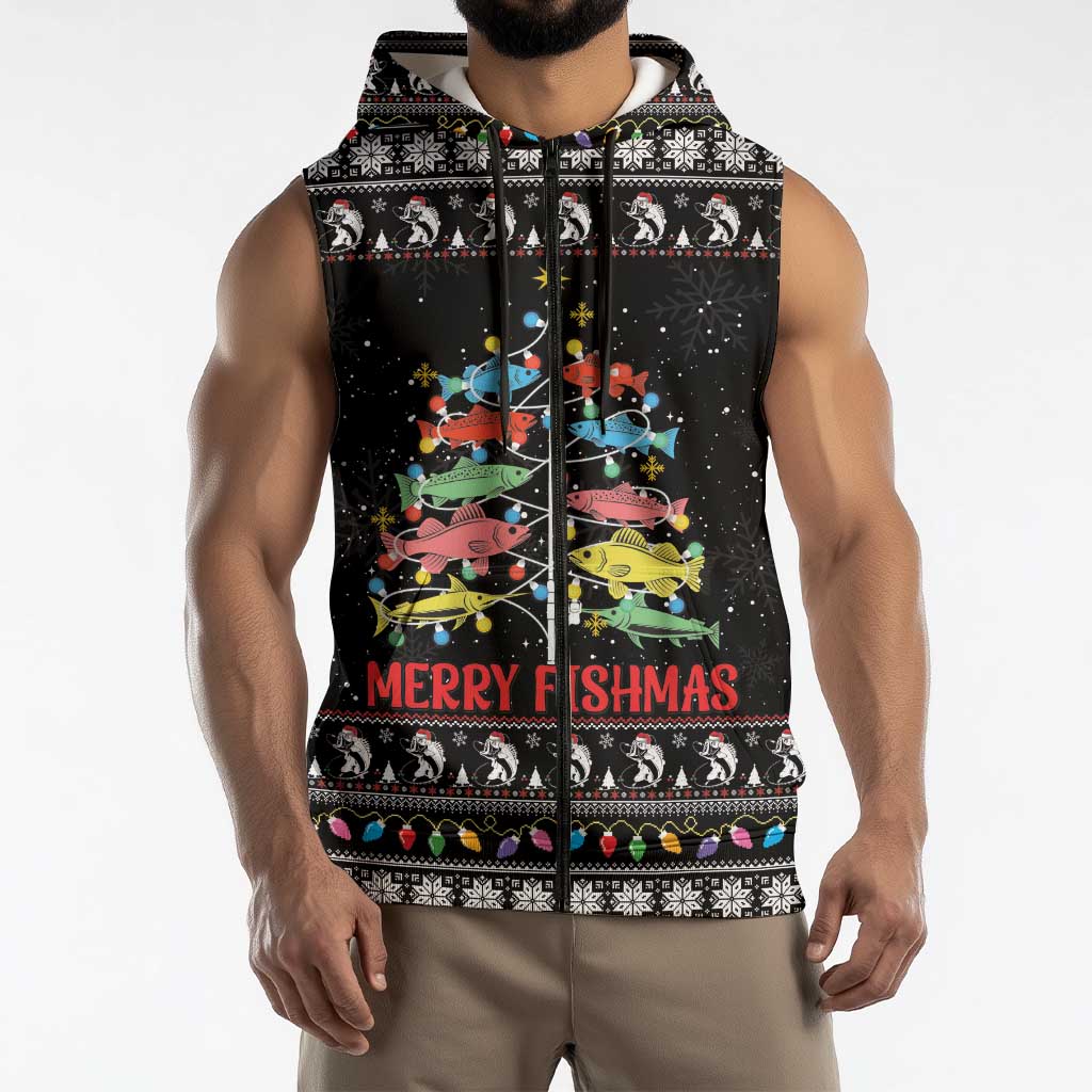 Merry Fishmas Sleeveless Zip Hoodie Fishing Christmas Tree Lights - Wonder Print Shop
