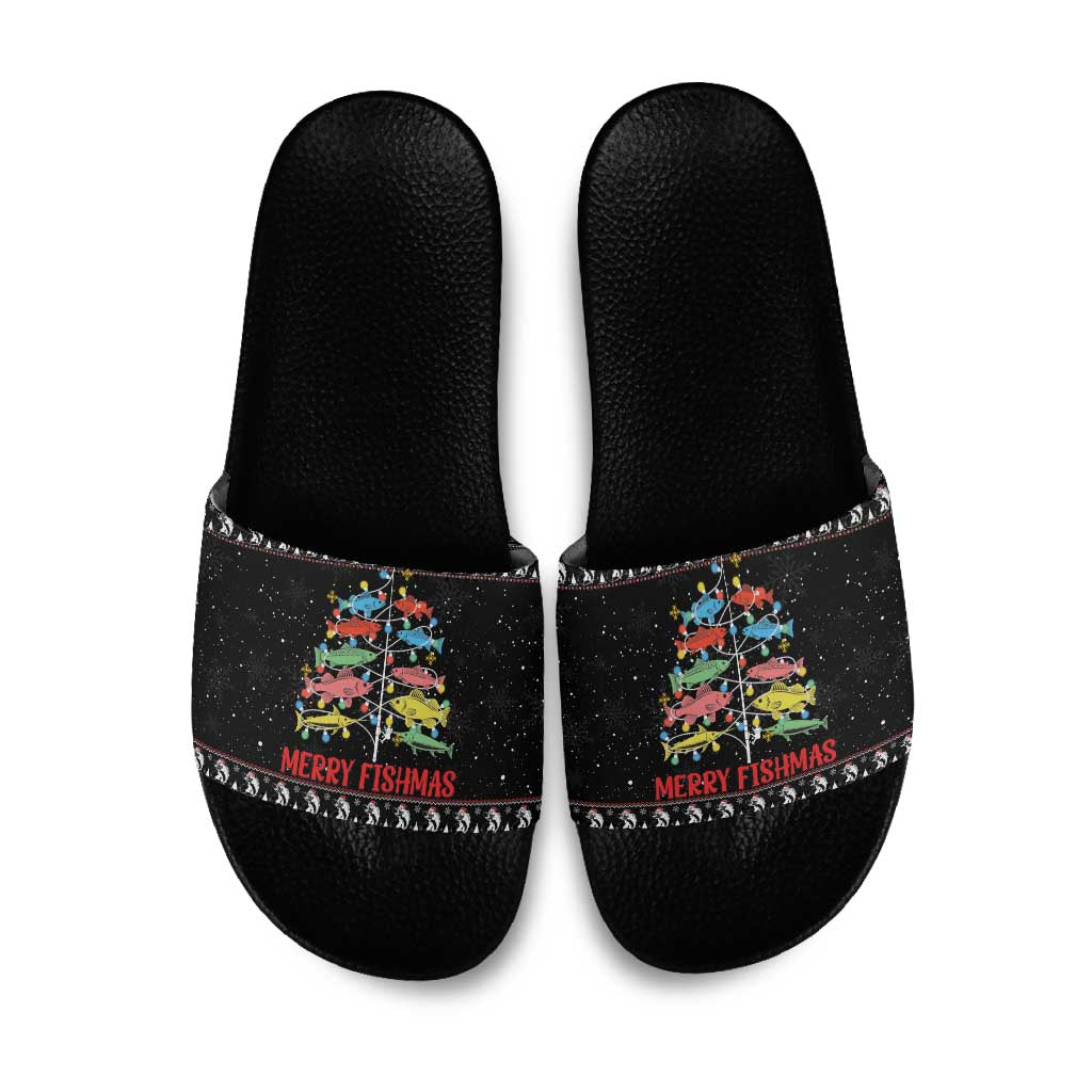 Merry Fishmas Slide Sandals Fishing Christmas Tree Lights - Wonder Print Shop