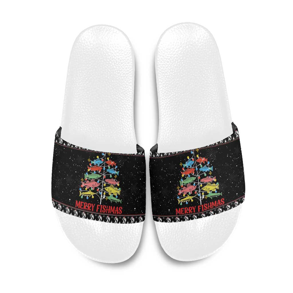 Merry Fishmas Slide Sandals Fishing Christmas Tree Lights - Wonder Print Shop