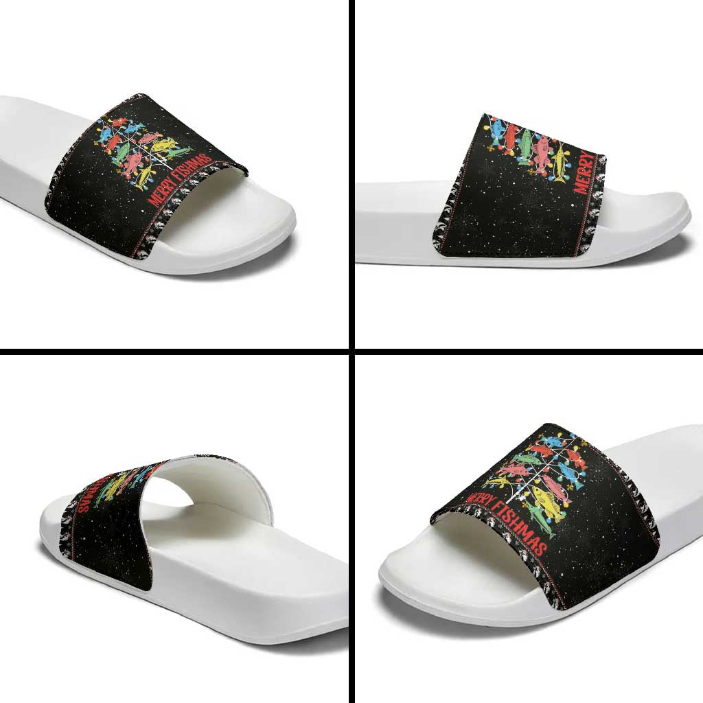 Merry Fishmas Slide Sandals Fishing Christmas Tree Lights - Wonder Print Shop