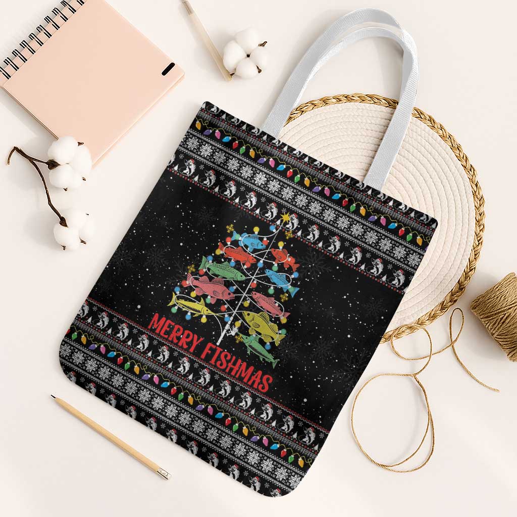 Merry Fishmas Tote Bag Fishing Christmas Tree Lights - Wonder Print Shop