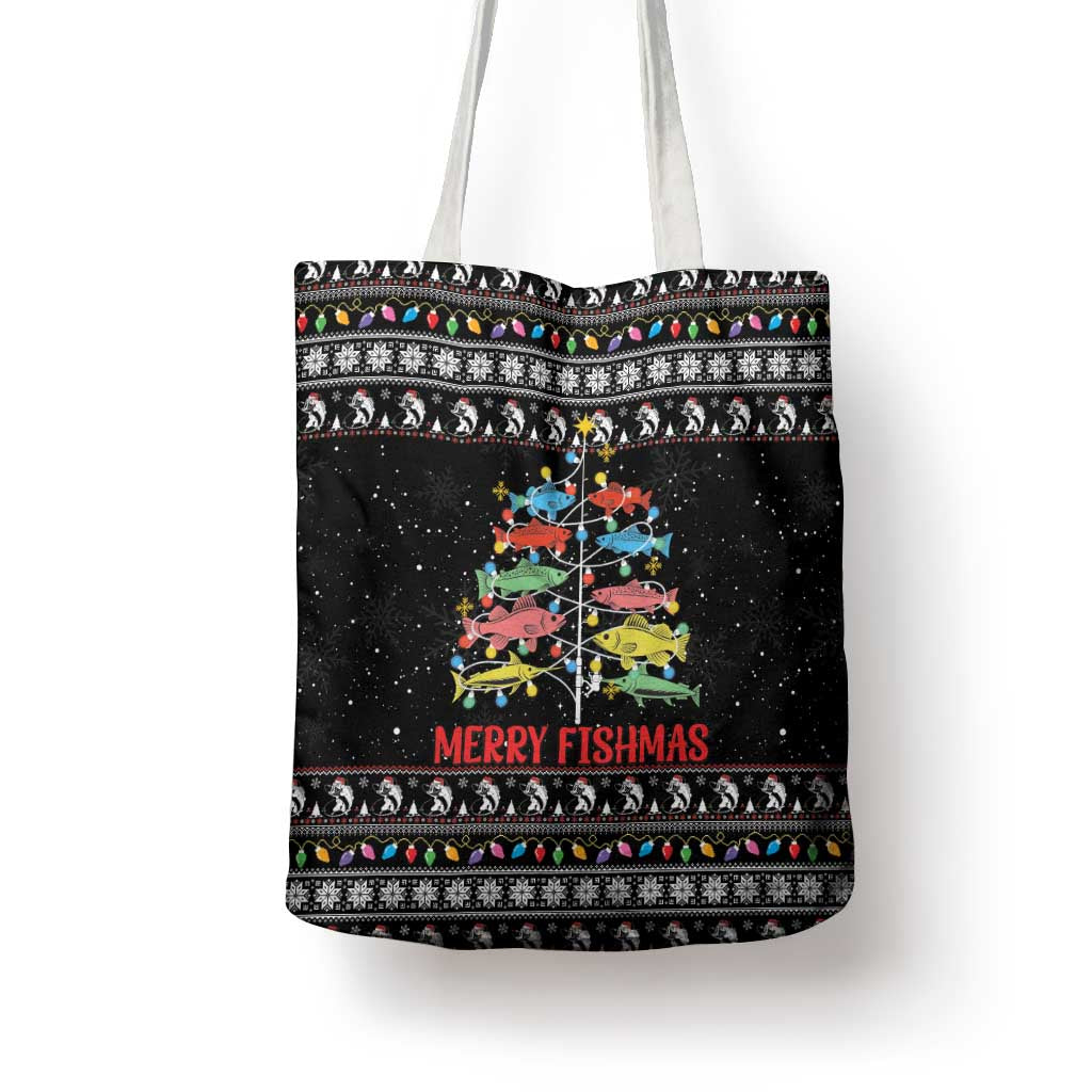Merry Fishmas Tote Bag Fishing Christmas Tree Lights - Wonder Print Shop