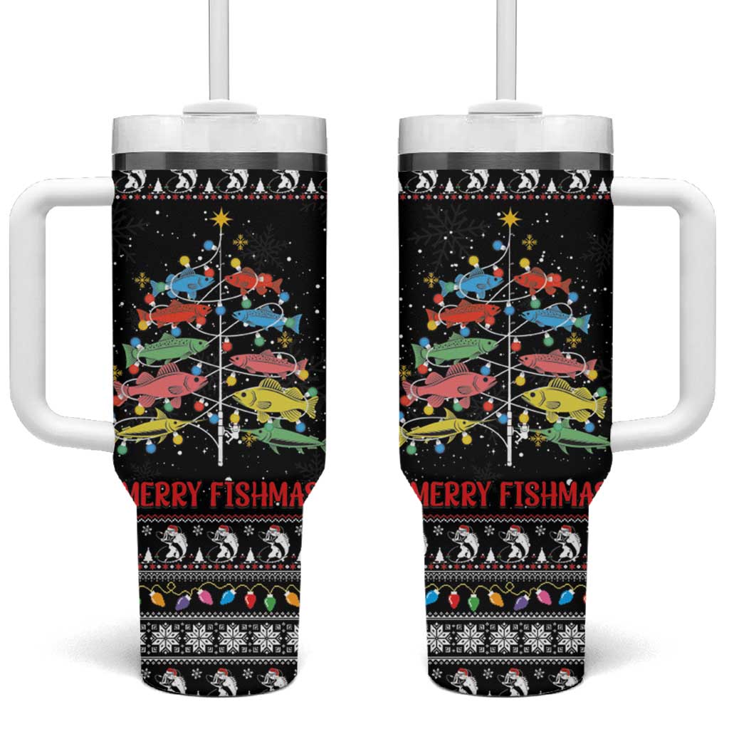Merry Fishmas Tumbler With Handle Fishing Christmas Tree Lights - Wonder Print Shop