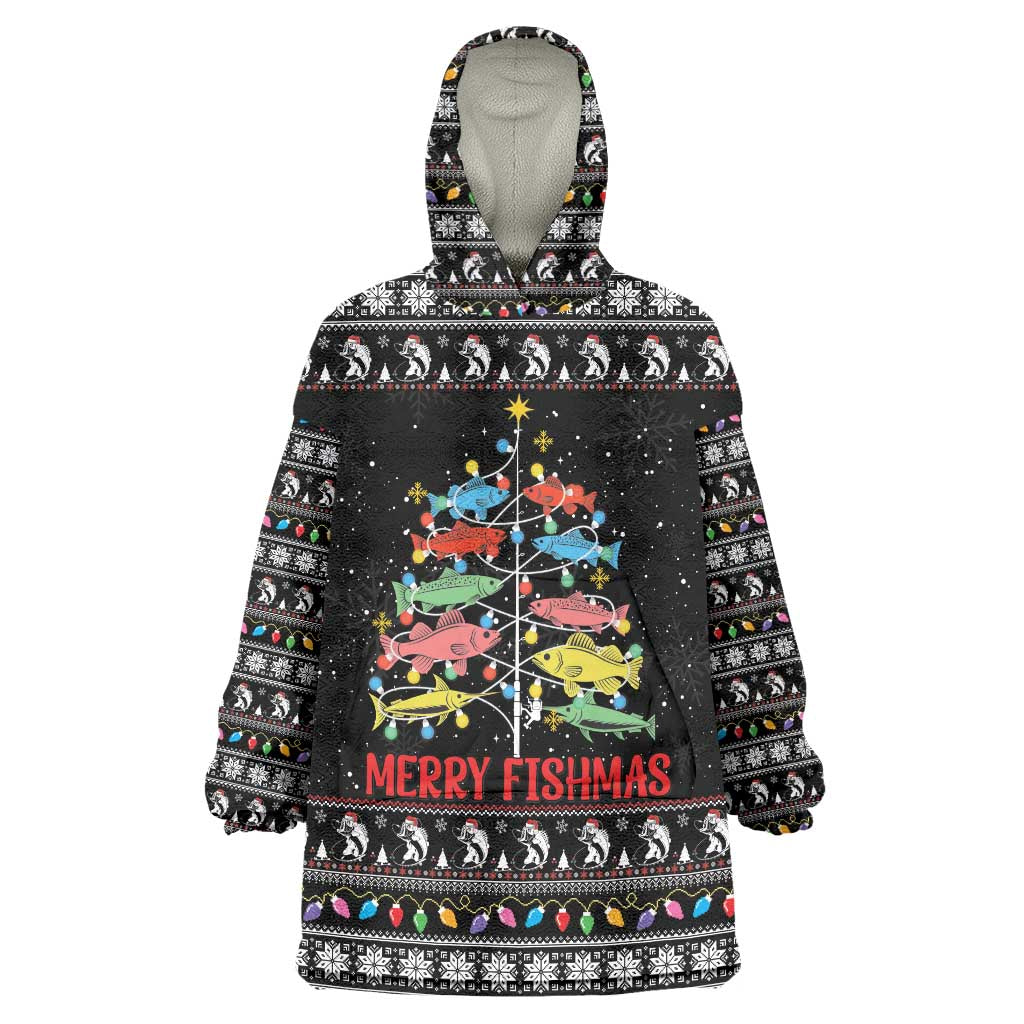 Merry Fishmas Wearable Blanket Hoodie Fishing Christmas Tree Lights - Wonder Print Shop