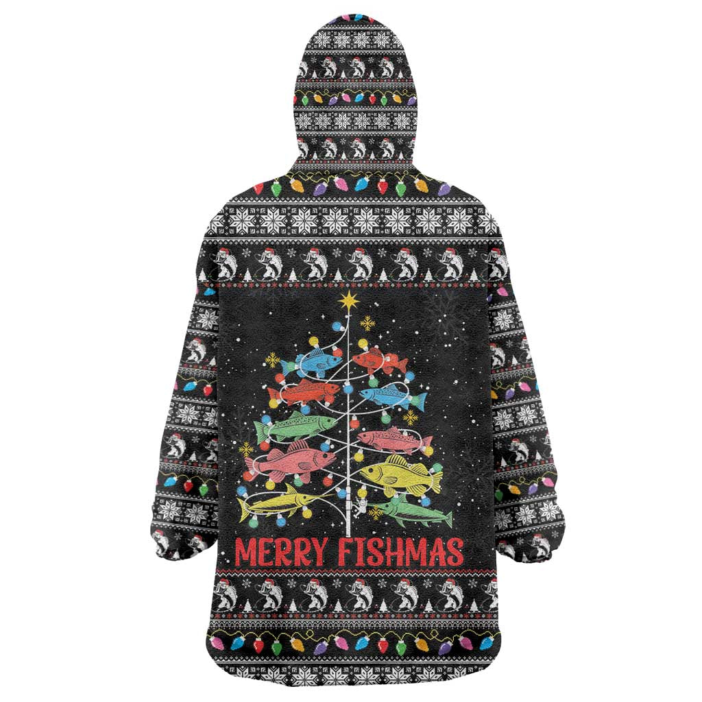 Merry Fishmas Wearable Blanket Hoodie Fishing Christmas Tree Lights - Wonder Print Shop