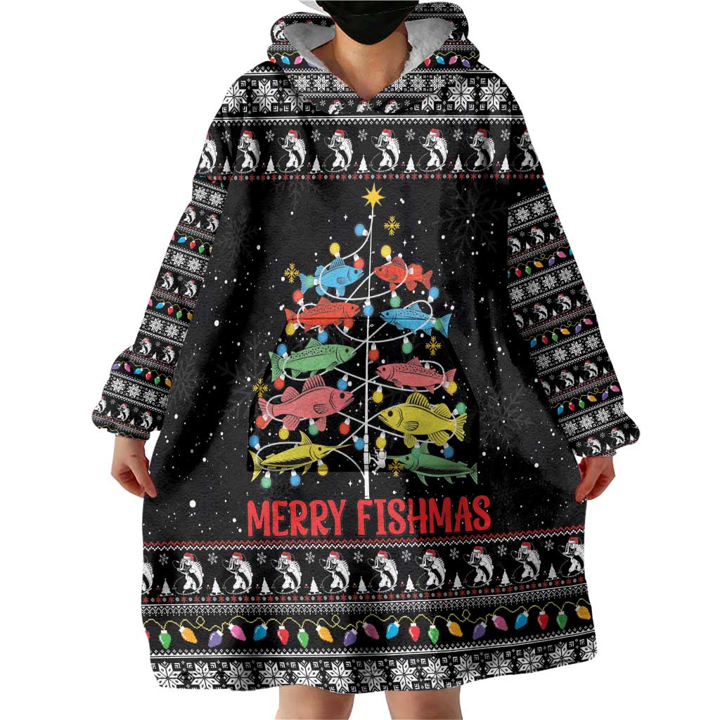 Merry Fishmas Wearable Blanket Hoodie Fishing Christmas Tree Lights - Wonder Print Shop