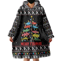 Merry Fishmas Wearable Blanket Hoodie Fishing Christmas Tree Lights - Wonder Print Shop