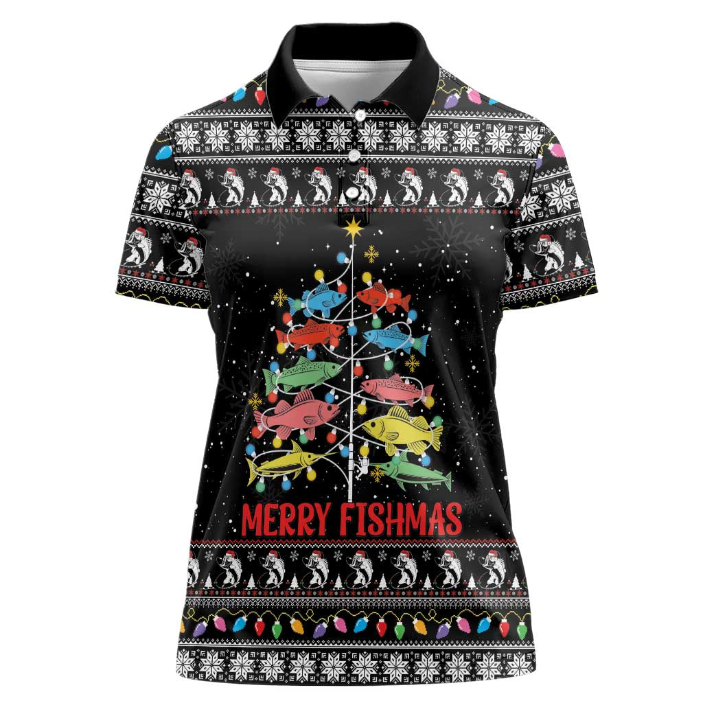 Merry Fishmas Women Polo Shirt Fishing Christmas Tree Lights - Wonder Print Shop