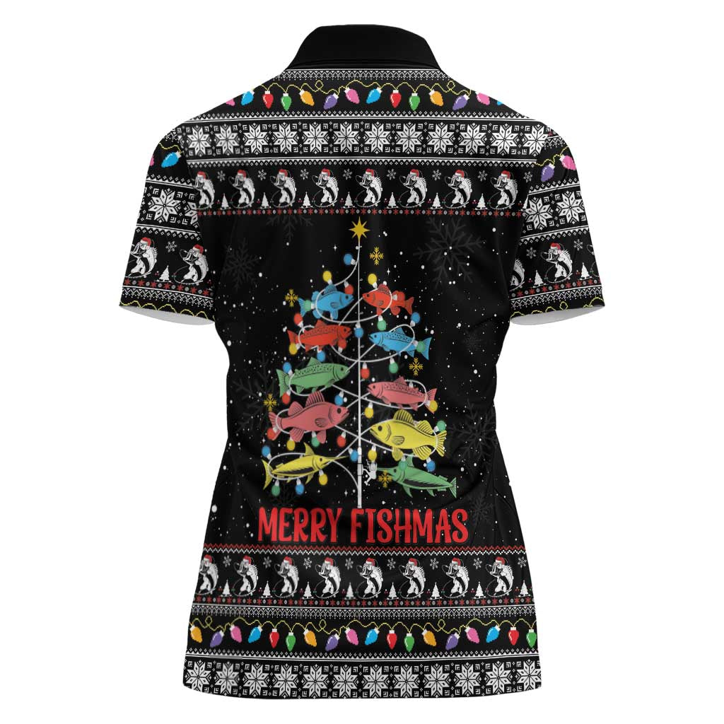 Merry Fishmas Women Polo Shirt Fishing Christmas Tree Lights - Wonder Print Shop