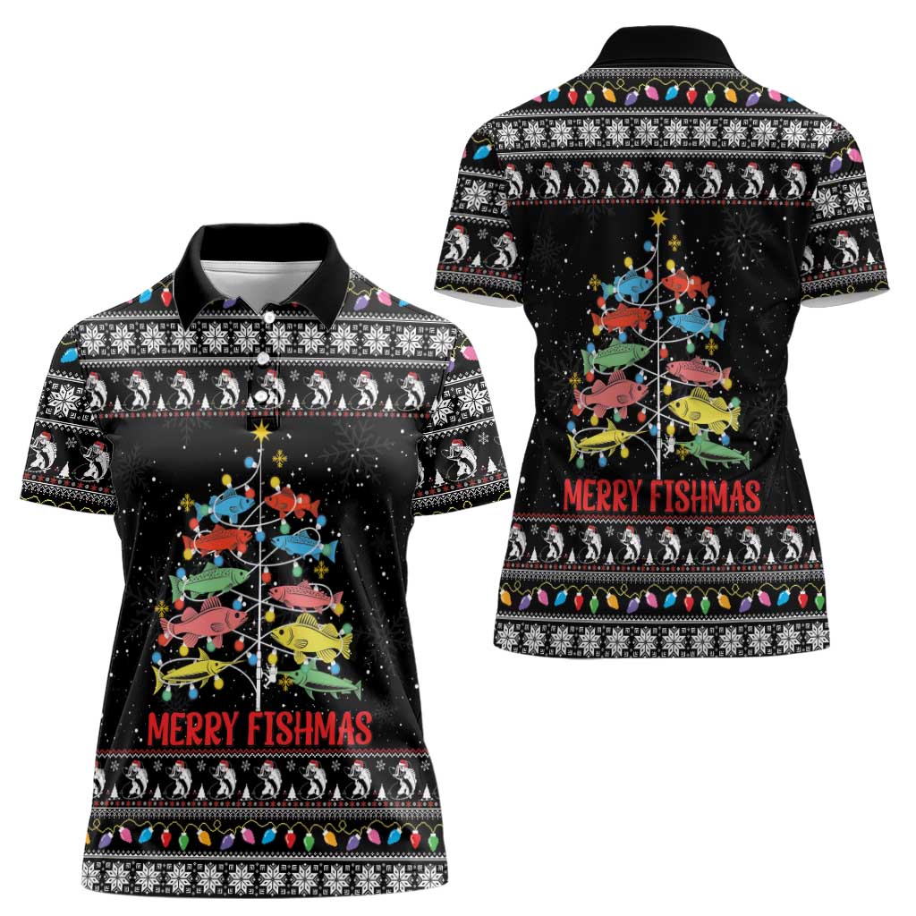 Merry Fishmas Women Polo Shirt Fishing Christmas Tree Lights - Wonder Print Shop