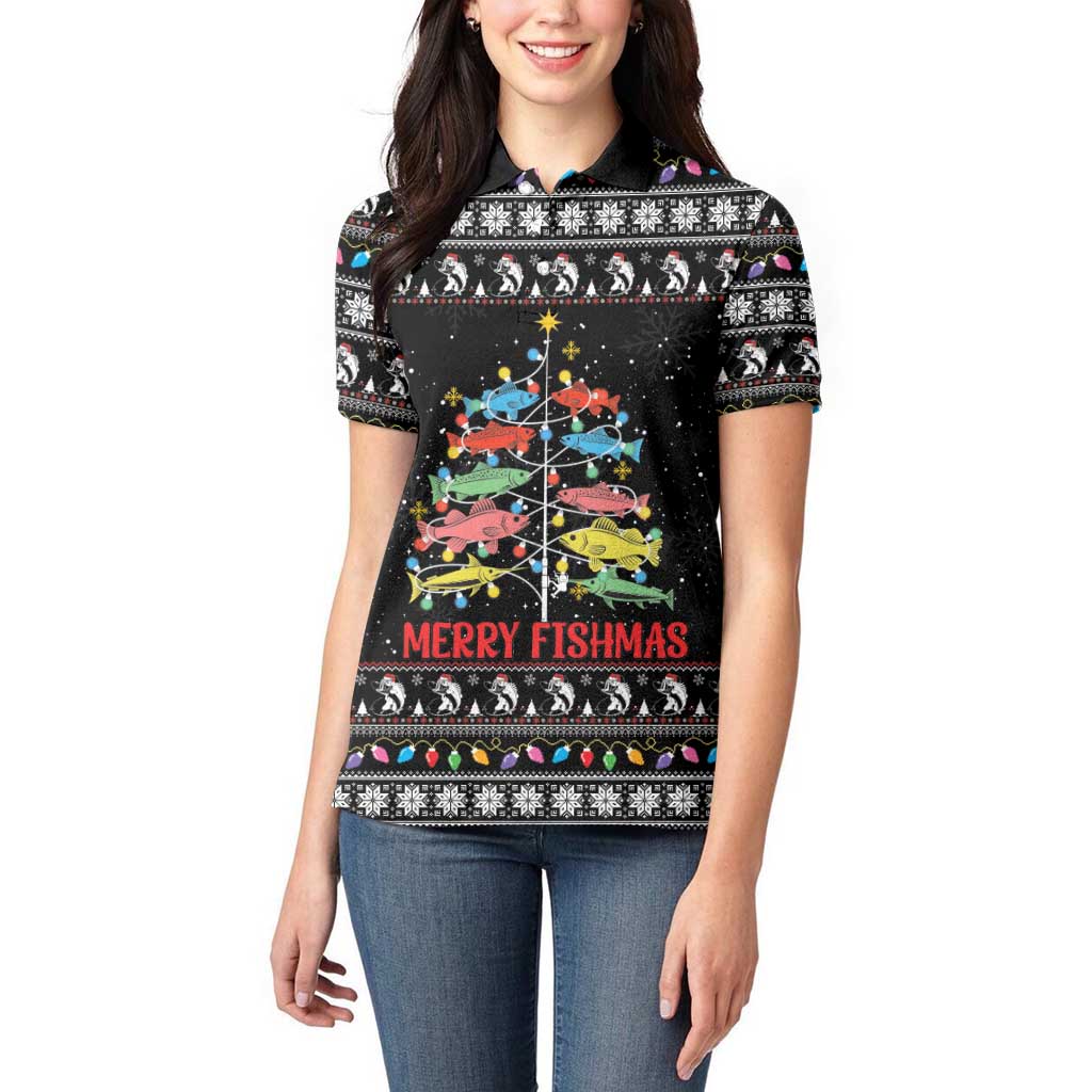 Merry Fishmas Women Polo Shirt Fishing Christmas Tree Lights - Wonder Print Shop